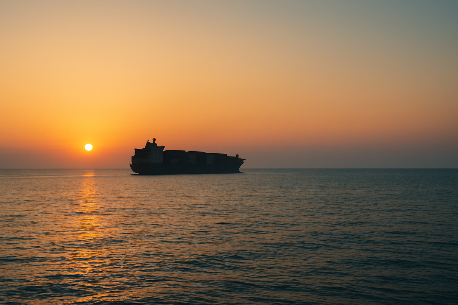 Containerschiff auf dem Meer bei Sonnenuntergang – maritimes Bannerbild unter dem Artikel